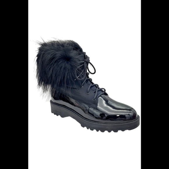 Cloud Nine Black Patent Leather Raccoon Fur Boots Sz 10 Quiet Luxury Wool - Picture 2 of 12